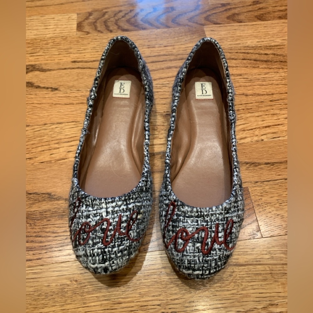 Ellen Degeneres ballet flats, size 8 1/2, black and white tweed with red accent